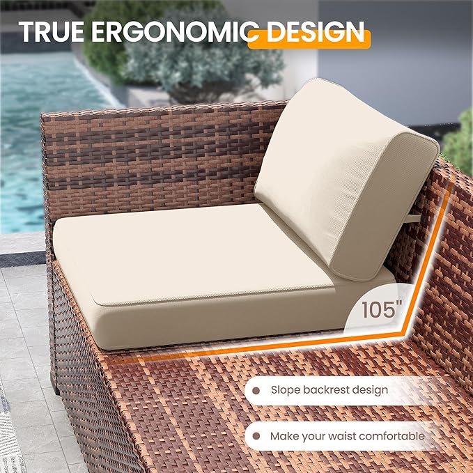 UDPATIO Patio Furniture Set, Modular Outdoor Sectional with 105°Slanted Back, 7 Pieces Rattan Conversation Set for Poolside, Backyard, Deck, with Coffee Table, Waterproof Cover,Khaki