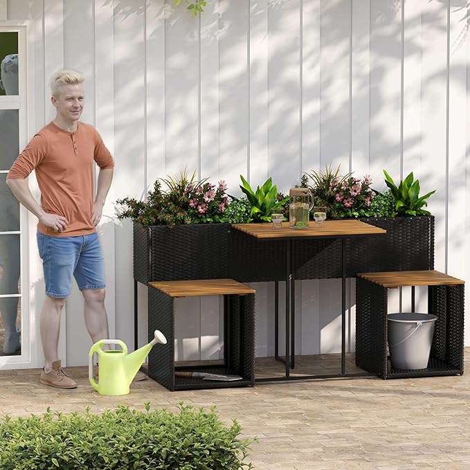 Tangkula Patio Furniture Set with Raised Garden Bed, PE Rattan Garden Planter Table with Built-in Chairs and Storage Space, Acacia Wood Outdoor Conversation Set with Sturdy Metal Frame