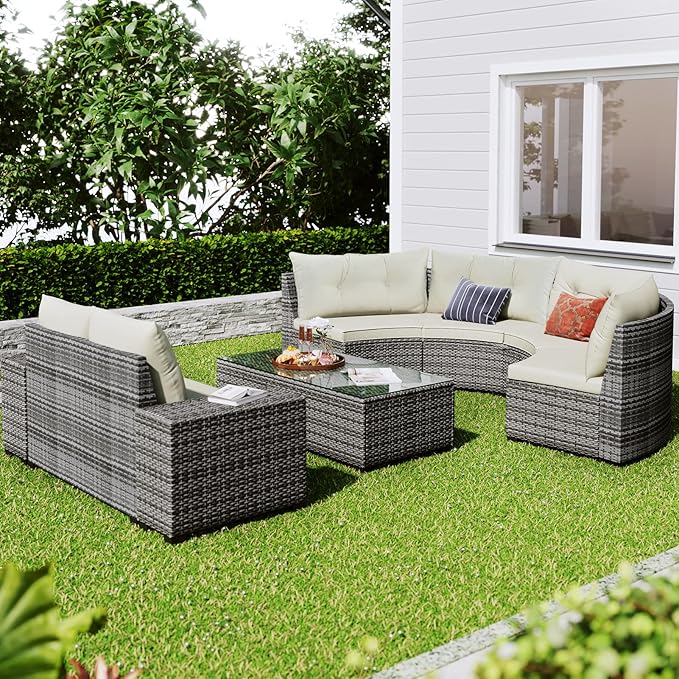 8-Pieces Half Moon Patio Furniture Set, Curved Sofa Set with Rectangular Coffee Table PE Rattan Wicker Patio Conversation Set with Movable Cushion and Pillows for Porch Deck Garden, Beige