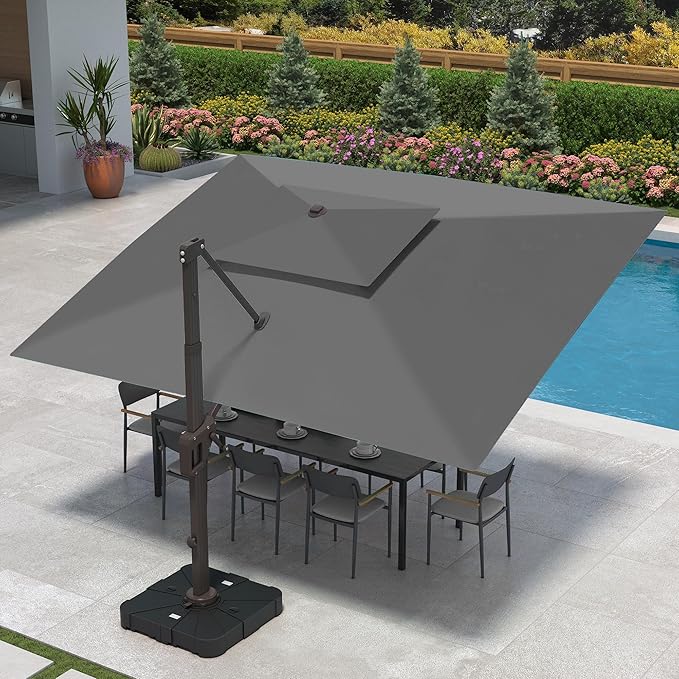 9 X 12 FT Cantilever Patio Umbrella with Led Lights and Base Included Outdoor Heavy Duty Double Top Rectangle Offset Umbrellas with 360-degree Rotation for Pool Deck Backyard, Grey