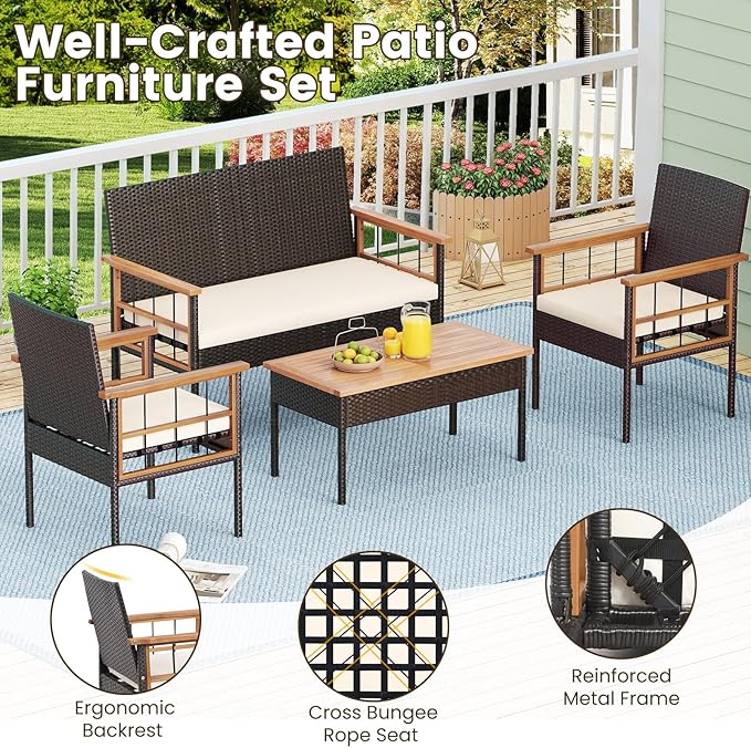 Tangkula 8 Pieces Wicker Patio Conversation Furniture Set, Outdoor Rattan Cushioned Armchairs & Coffee Table Set with Acacia Wood Tabletop for Backyard, Porch, Balcony