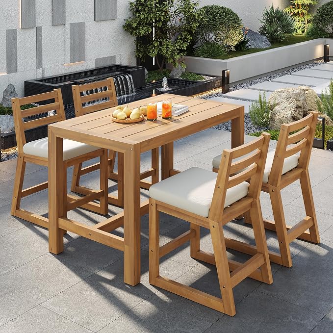 5-Piece Rustic Patio Bar Set, Acacia Wood Bar Table & Chairs with Slatted Tabletop for Backyard, Balcony, Poolside (Light Teak11)