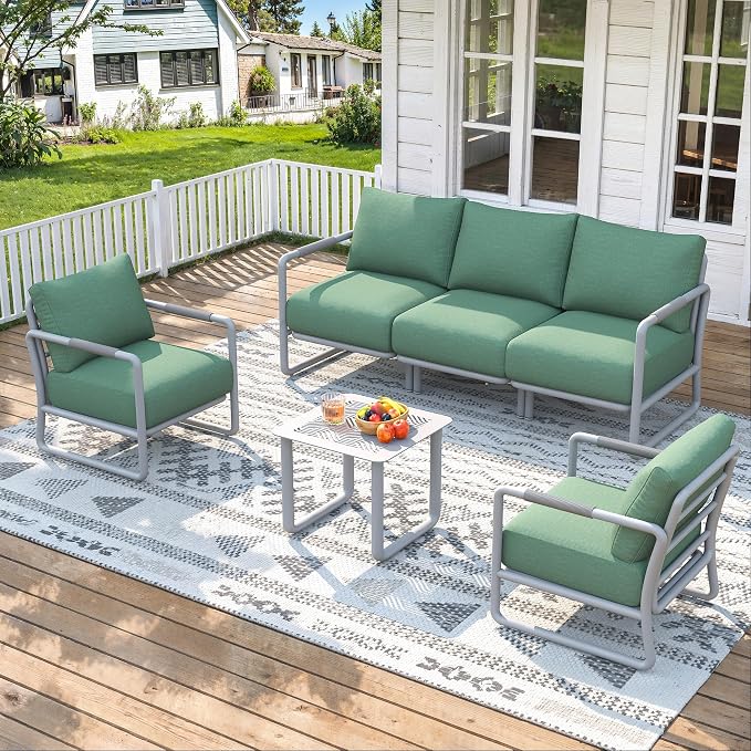 5-Seat Outdoor Aluminum Patio Sofa Set with Coffee Table, Deep Seating Conversation Set with 6.5" Cushions, Modern All-Weather Furniture for Garden, Balcony, Poolside, White