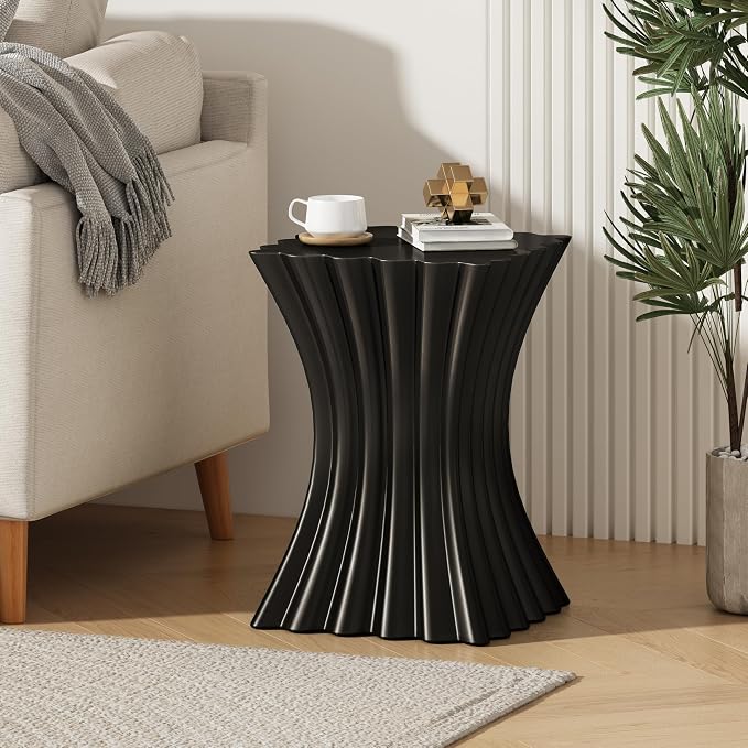 Christopher Knight Home Waven Lightweight Concrete Outdoor Side Table, Wave Design Sofa End Table for Living Room, MGO Patio Accent Table, Garden Stool or Plant Stand, Black