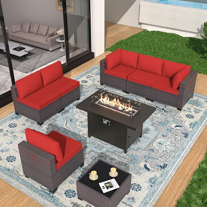 Patio Furniture Set with Aluminum Fire Pit Table 8 Pieces Outdoor Sectional Sofa Set,PE Rattan Wicker Patio Conversation Set w/43in 55000 BTU Propane Fire Pit Table,Red