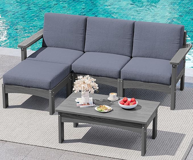 SERWALL 5-Piece Patio Sofas, All-Weather HDPE Outdoor Sectional Sofa with Cushions and Coffee Table, Large Modular Patio Conversation Set for Garden, Lawn, Deck, Porch, Grey Frame with Grey Cushion
