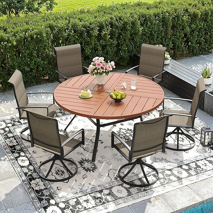 DIFY 7 Piece Outdoor Dining Set, Metal Patio Table and Chairs Set, 50" Walnut Round Dining Table & 6 Brown Padded Textilene Swivel Patio Chairs, Outdoor Furniture Set for Garden Backyard Porch