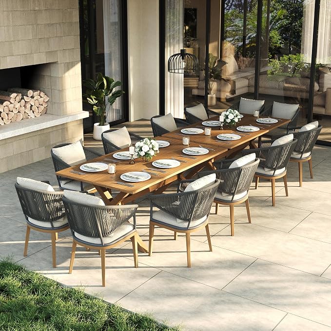 LayinSun 14 Piece Outdoor Dining Table Set, Aluminum Modern Rectangular Dining Table and All-Weather Wicker Chairs Set for Patio Deck Indoor Decor Kitchen