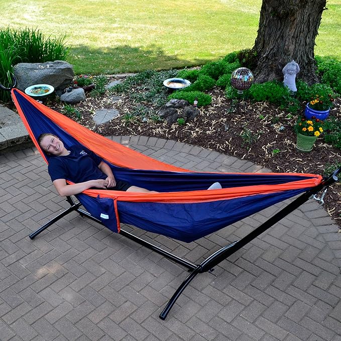 Double Nylon Hammock with Portable Hammock Stand,Orange/Navy