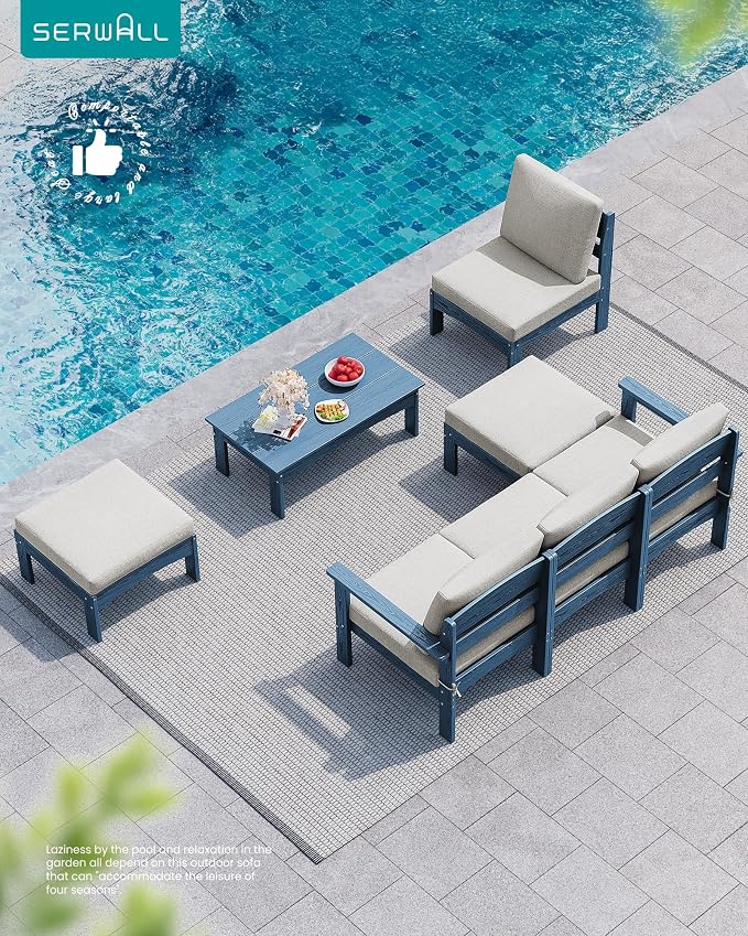 SERWALL 7 Pieces Patio Conversation Set, Heavy Duty HDPE Outdoor Sectional Sofas with Cushions and Coffee, All-Weather Outdoor Couch Set for Backyard, Deck and Porch, Blue Frame with Khaki Cushion