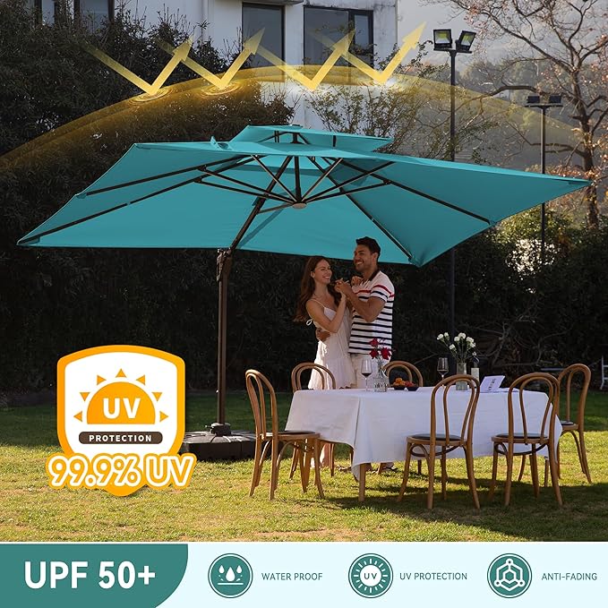 10 X 13 FT Cantilever Outdoor Patio Umbrella with Base Included Large Heavy Duty 360° Rotation Double Top Offset Rectangular Umbrellas with LED Lights for Backyard Outside Deck, Turquoise