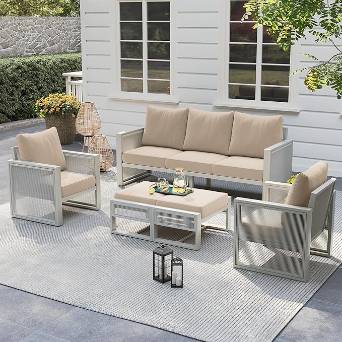 UDPATIO Aluminum Outdoor Furniture Set with Ottoman, 5 Piece Modern Patio Furniture Set, All Weather Patio Conversation Sets with Thickend Cushions, for Garden, Porch, Balcony, Light Grey/Beige