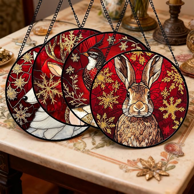 DASTOLL Stained Glass Window Hanging 4 Pcs Set Red Golden Snowflakes 6.3" - Christmas Elk Rabbit Suncatcher Door Garden Sun Catcher Decor Birthday for Mom Woman Nana Men