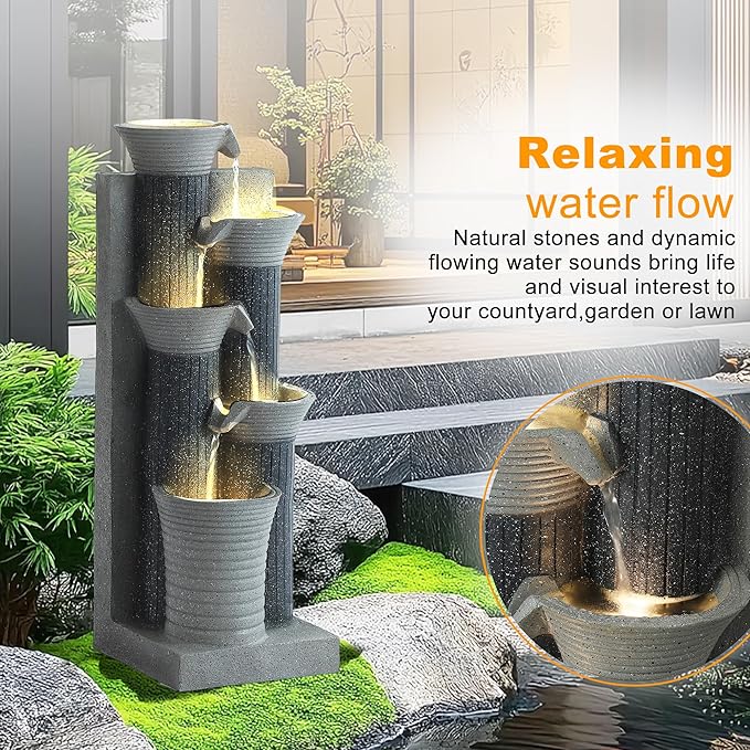 24" H Garden Water Fountains, 5-Tiers Outdoor Resin Waterfalls with LED Lights & Pump, Modern Indoor Freestanding Bamboo-Shaped Fountain for Bird Bath, Patio, Backyard and Balcony (Dark Gray)
