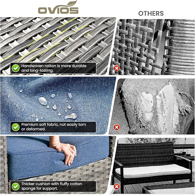 ovios 9 Pieces Patio Furniture Set, Outdoor Wicker Sofa Couch with Rocking Swivel Chairs Fire Pit Table, Modern Deep Seat Rattan Conversation Sets for Deck Porch, Denim Blue