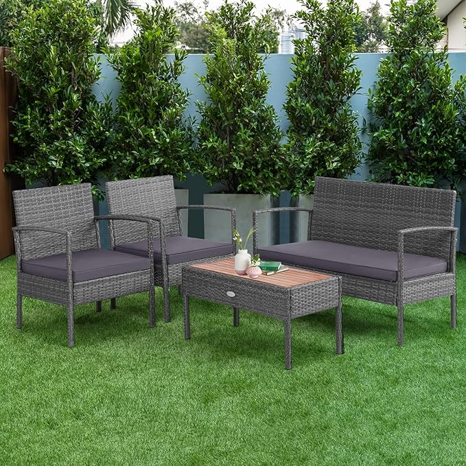 Tangkula 4 Pieces Rattan Patio Conversation Set, Patiojoy Outdoor Wicker Sofa with Seat Cushions, Heavy-Duty Steel Frame, Acacia Wood Tabletop, Outdoor Furniture for Poolside, Deck, Garden