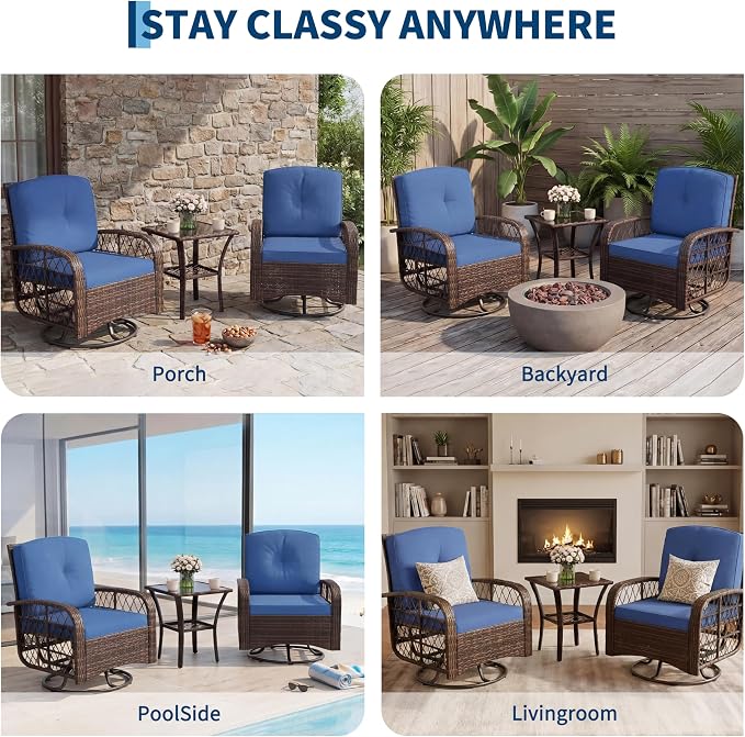 GarveeLife 3 Piece Swivel Wicker Patio Furniture Set, Outdoor Rattan Swivel Chairs with Side Table, All-Weather Conversation Set for Patio, Deck or Backyard, Brown Gradient Wicker with Blue Cushions