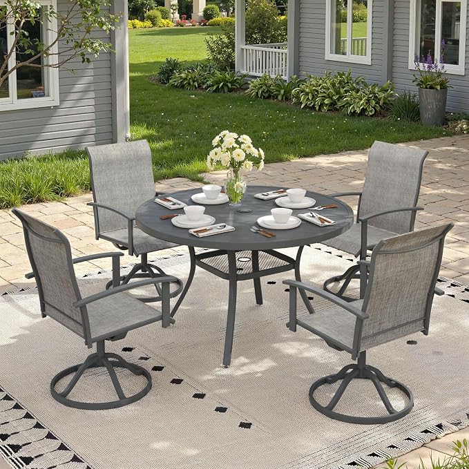 5 Pieces Round Patio Dining Set, Outdoor Furniture of 40.6" Round Patio Table and Patio Swivel Chairs for Backyard Lawn Garden, Dark Grey Table and Grey Chairs