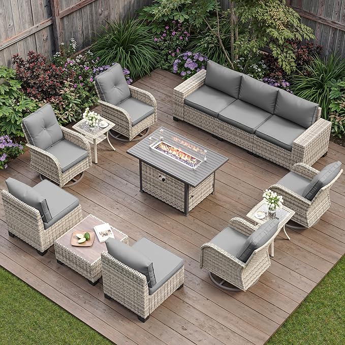 13-Piece Outdoor Patio Furniture Set with Rocking Swivel Chair, PE Wicker Rattan Sectional Sofa Patio Conversation Set with 55,000 BTU Fire Pit Table & Coffee Table, Grey