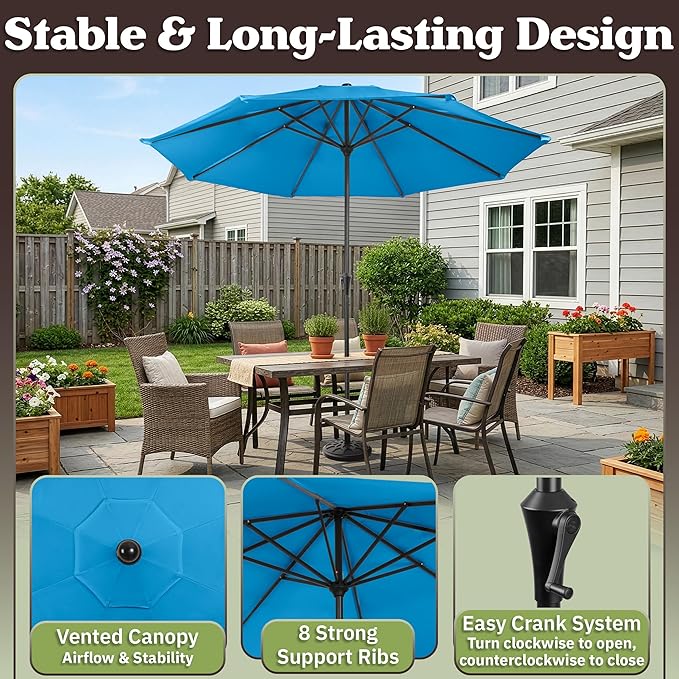 Pure Garden 9FT Round Patio Umbrella with 19lb Weighted Base - Easy Crank, Vented Canopy Outdoor Umbrella for Shade - For Deck, Balcony, Porch, Backyard, or Pool (Blue)