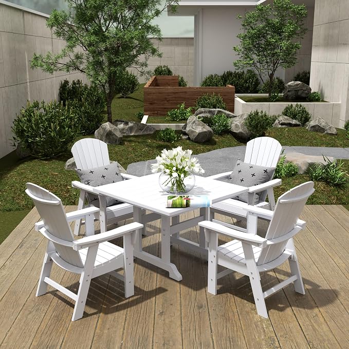 WestinTrends Dylan Adirondack Patio Dining Set for 4, All Weather Poly Lumber Outdoor Table and Chairs Set of 4, 43" Trestle Square Dining Table and Seashell Adirondack Dining Chair, White