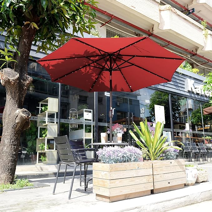 Pure Garden Villacera 9-Foot LED Outdoor Patio Umbrella with Solar Lights with Base, Red