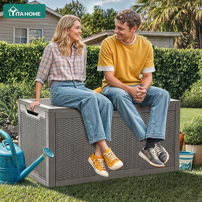 YITAHOME 100 Gallon Outdoor Storage Box, Large Water Resistant Resin Deck Box, Indoor Outdoor Lockable Storage Container for Patio, Garden, Cushions, Tools, Equipment (Taupe)