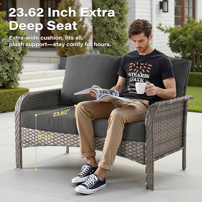 7 Pieces Patio Conversation Sets,Patio Furniture Set with Swivel Rocking Chairs,Coffee Table, Side Table, All Weather Rattan Wicker Outdoor Sectional Furniture Set for Porch Balcony Backyard Black