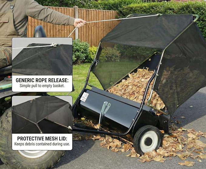 Tow Behind Lawn Sweeper, 42/50/52-Inch Pull Behind Leaf & Grass Collector, 12/26 cu. ft. Large Capacity Yard Sweeper with Adjustable Sweeping Height and Universal Hitch for Lawn Tractor (42"/12cuft)