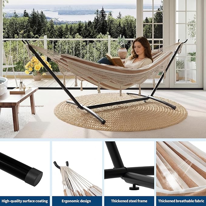 2 Person Hammock with Heavy-Duty Steel Stand, Portable Double Hammock with Lace, MAX 450 LBS Capacity for Outdoor Patio Backyard Poolside, Easy Assembly