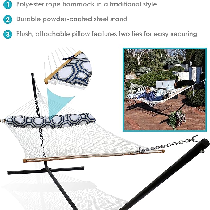 Sunnydaze Double Polyester Rope Hammock with Stand and Pillow with 15 Foot Steel Stand - 400-Pound Capacity - White