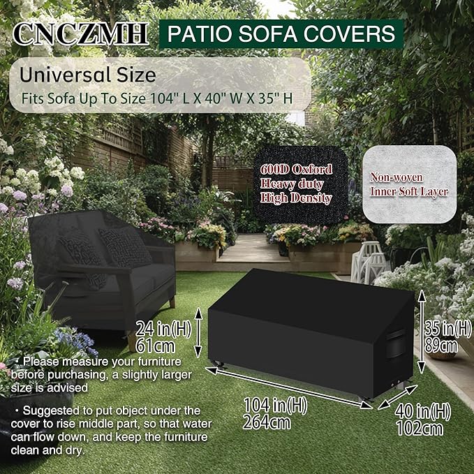 Heavy Duty Patio Sofa Covers Waterproof, Outdoor 3-Seater Couch Cover Waterproof, 600D Outdoor 2-Seater Loveseat Furniture Covers with Air Vent Handle 104''W x 40''D x 24''H/ 35''H Black