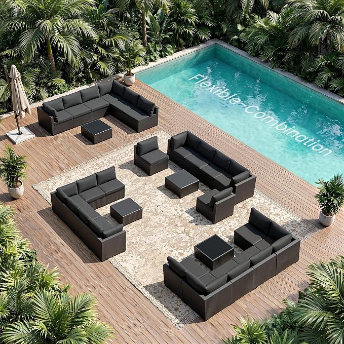 Patio Furniture Set - All-Weather - 7 Piece Patio Outdoor Conversation Set, Modular Wicker Rattan Sectional Sofa for Backyard, Garden, Poolside, Balcony, Porch, Patio,Black/Black
