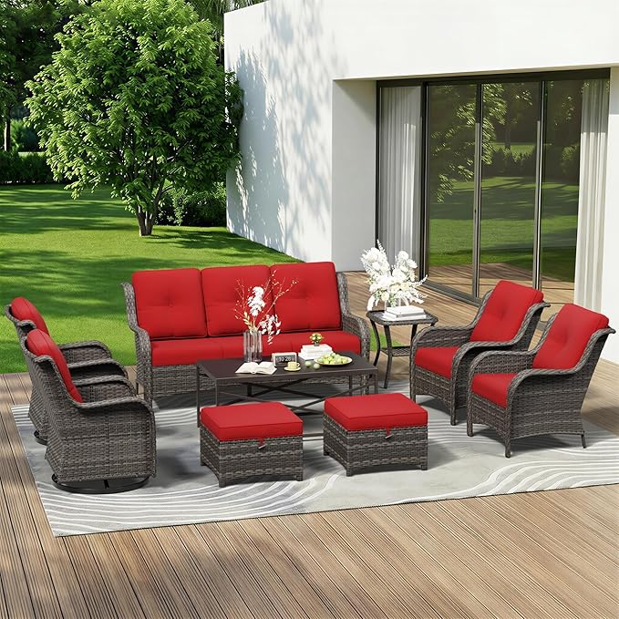9 Piece Outdoor Wicker Patio Furniture Set, Patio Chairs Set with Thickened Olefin Cushions, High Back and Deep Seating, Hand-Woven PE Rattan, Ottoman for Porch, Deck