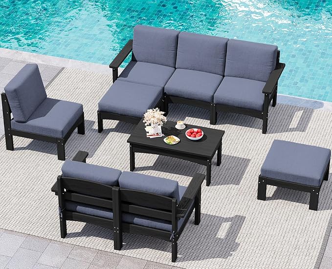 SERWALL 9 Pieces Patio Furniture Set, HDPE Outdoor Sectional Sofas, Outdoor Couch Set with Cushions and Coffee Table, Extra-Large Modular Conversation Set for Garden, Black Frame with Grey Cushion