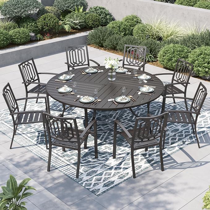 PHI VILLA 9 Pcs Outdoor Dining Set, 67" Round Table w/Umbrella Hole | Metal Round Table&Stackable Wrought Iron Chairs, All Weather Large Furniture Set for Patio, Deck, Backyard, Porch