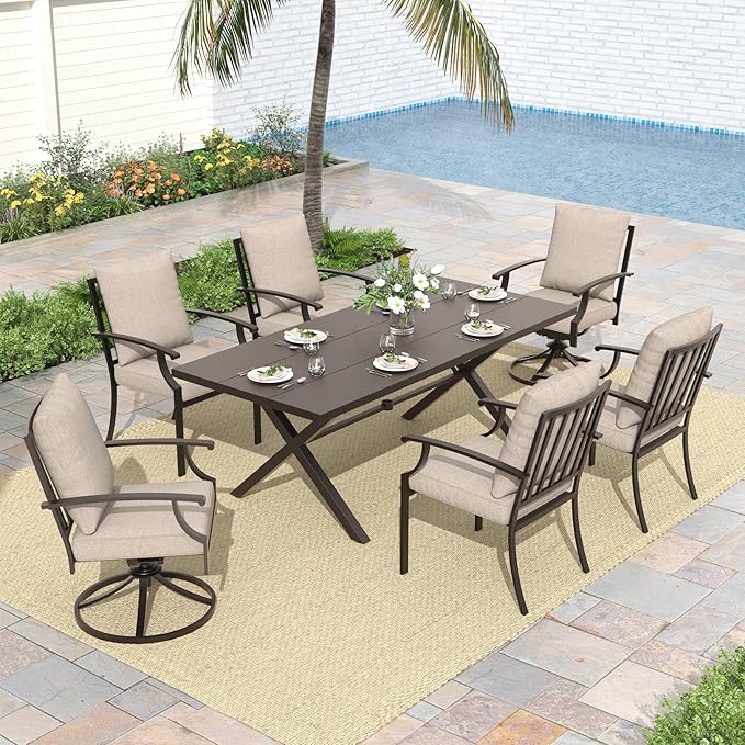 ALAULM 7-Piece Patio Dining Table and Chairs for 6 Outdoor Dining Set with 2 Swivel Chairs Patio Dining Sets with Rectangular Metal Table with Umbrella Hole for Patio, Backyard, Garden-Sand