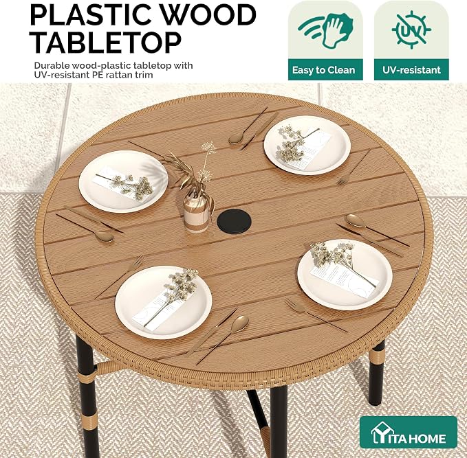 YITAHOME Outdoor Patio Dining Table Round for 4 with 2.2" Umbrella Hole&Adjustable Levelers 35.4" Bistro Table with Metal Frame All-Weather Outdoor Tables for Lawn Backyard Garden