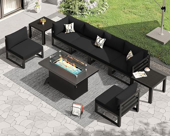 RADIATA 9 Pcs Large Modern Aluminum Outdoor Sofa with Rectangular Fire Pit Table, 29" Deep Wide Seat, 500 lbs Durable Sectional Set for Heavy People, All-Weather Patio Furniture Set for Terrace, Black