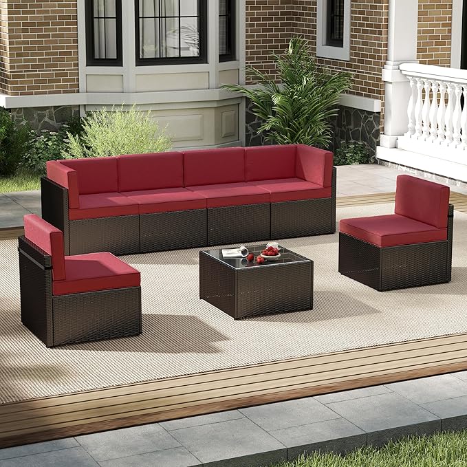 kinbor 7 Piece Outdoor Furniture Set - Waterproof Black PE Wicker Patio Sofa with Cushions for Backyard, Poolside & Porch, Burgundy