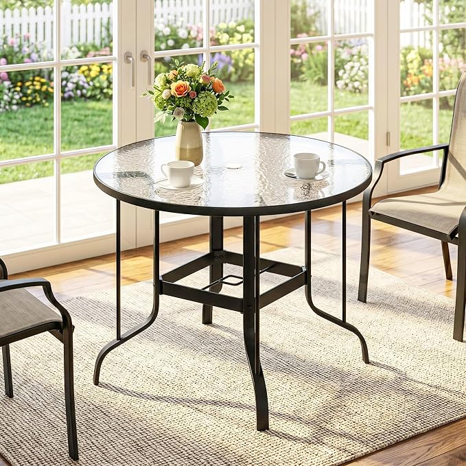 Outsunny 38" Round Patio Table with Umbrella Hole, Outdoor Dining Table Tempered Glass Metal Frame Bistro Table, for Deck, Yard, Balcony, Lawn, Pool, Black