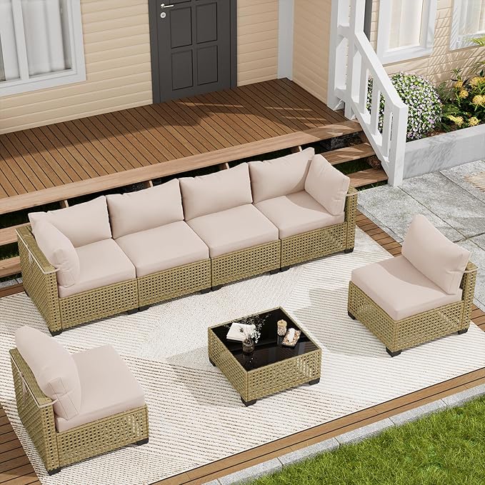 7 Piece Outdoor Patio Furniture Set, Rattan Chairs Glass Table Wicker Conversation Seating Sectional Sofa with Cushions (Yellow-Beige, 7Pcs-Straight Back)