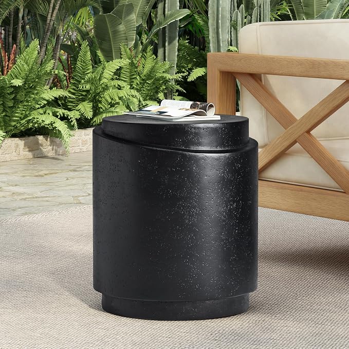 Christopher Knight Home Jarvan 18.7" H Cylindrical MGO Outdoor Side Table, Patio Decorative Small End Table, Round Top Lightweight Concrete Garden Stool for Patio Balcony, No Assembly, Black