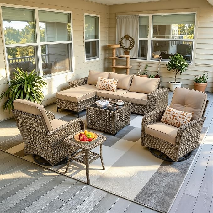 8-Piece Wicker Outdoor Sectional Furniture, Wide Armrest Patio Couch with Swivel Rocking Chair Ottoman Solar Table, Modular Sofa Rattan Conversation Sets for Backyard Deck Garden, Beige