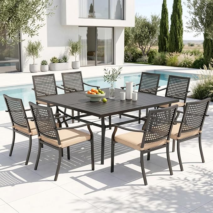 PHI VILLA Outdoor Dining Set for 8, Square Metal Table w/Umbrella Hole | 9 pcs 57.5" black wrought iron furniture set w/ cushions. All weather for patio, deck, yard, porch