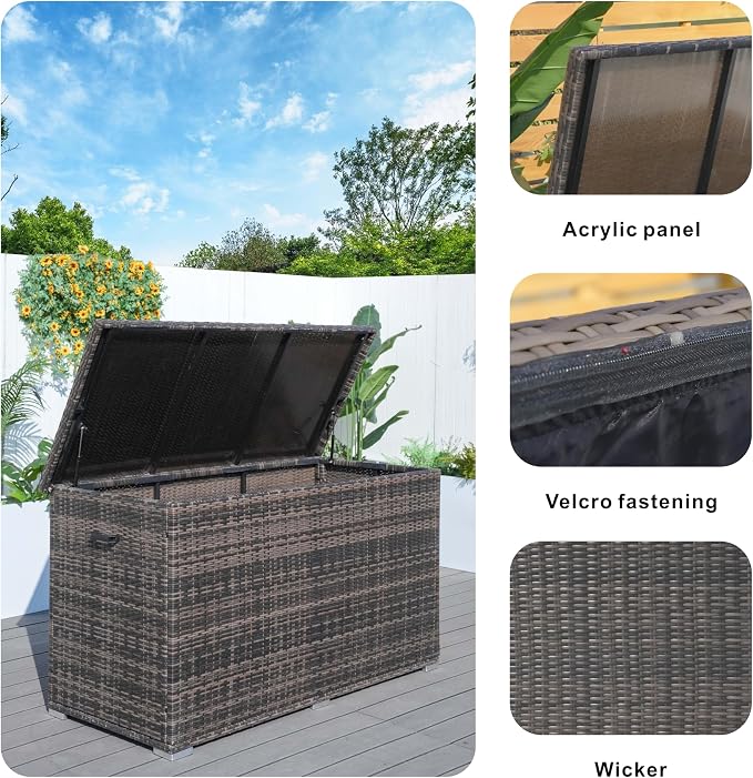 Outdoor 286 Gallon Large Rattan Deck Storage Box by Brown-Steel