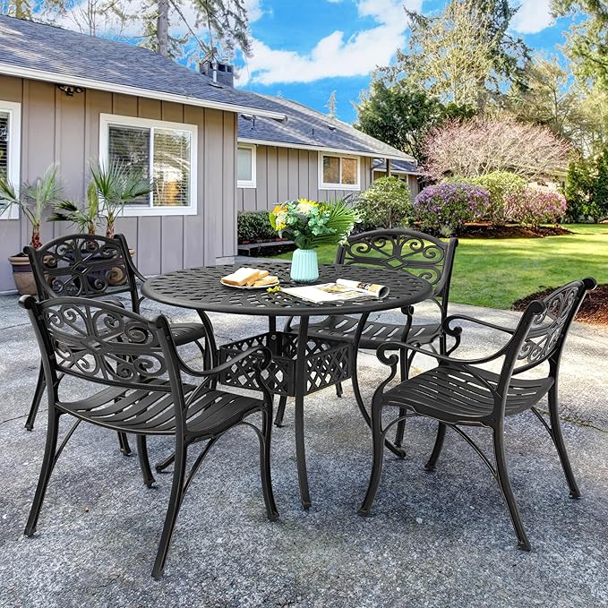 NUU GARDEN 5 Pieces Outdoor Patio Dining Set, 42" Round Cast Aluminum Dining Table with 2.24" Umbrella Hole and All-Weather 4 Outdoor Patio Dining Chairs for Patio, Garden, Backyard, Balcony, Bronze