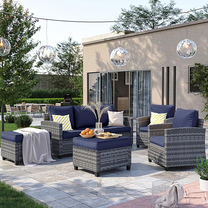 Patio Furniture Set, 5 Pieces Outdoor Sectional Sofa Couch with Chairs, Ottomans and Thick Cushions, All Weather Wicker Rattan Patio Conversation Set Navy Blue