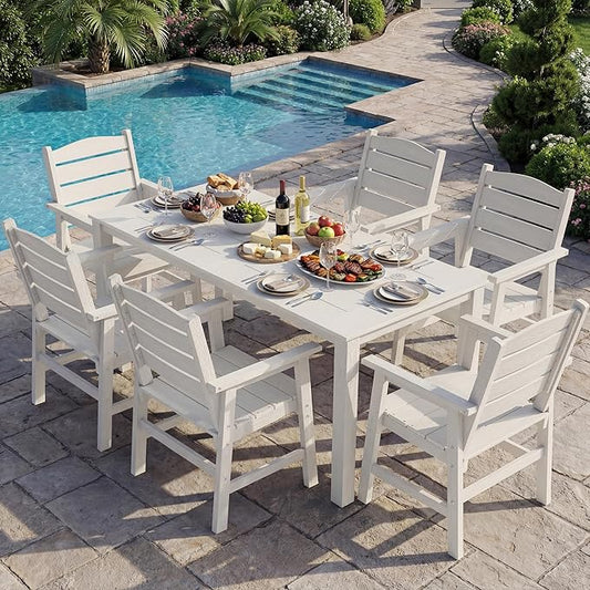 YEFU Patio Dining Sets 7-Piece: All-Weather Outdoor Table and Chairs with Umbrella Hole & Aluminum Frame - HIPS Patio Dining Set for 6 Modern Outside Furniture for Family Meals in Deck/Pool White