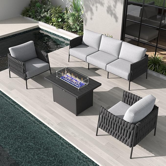 LayinSun 4 Piece Outdoor Furniture Set with Fire Pit Table, Modern Rope Woven Patio Conversation Sofa Set with Olefin Braid and Deep Seating
